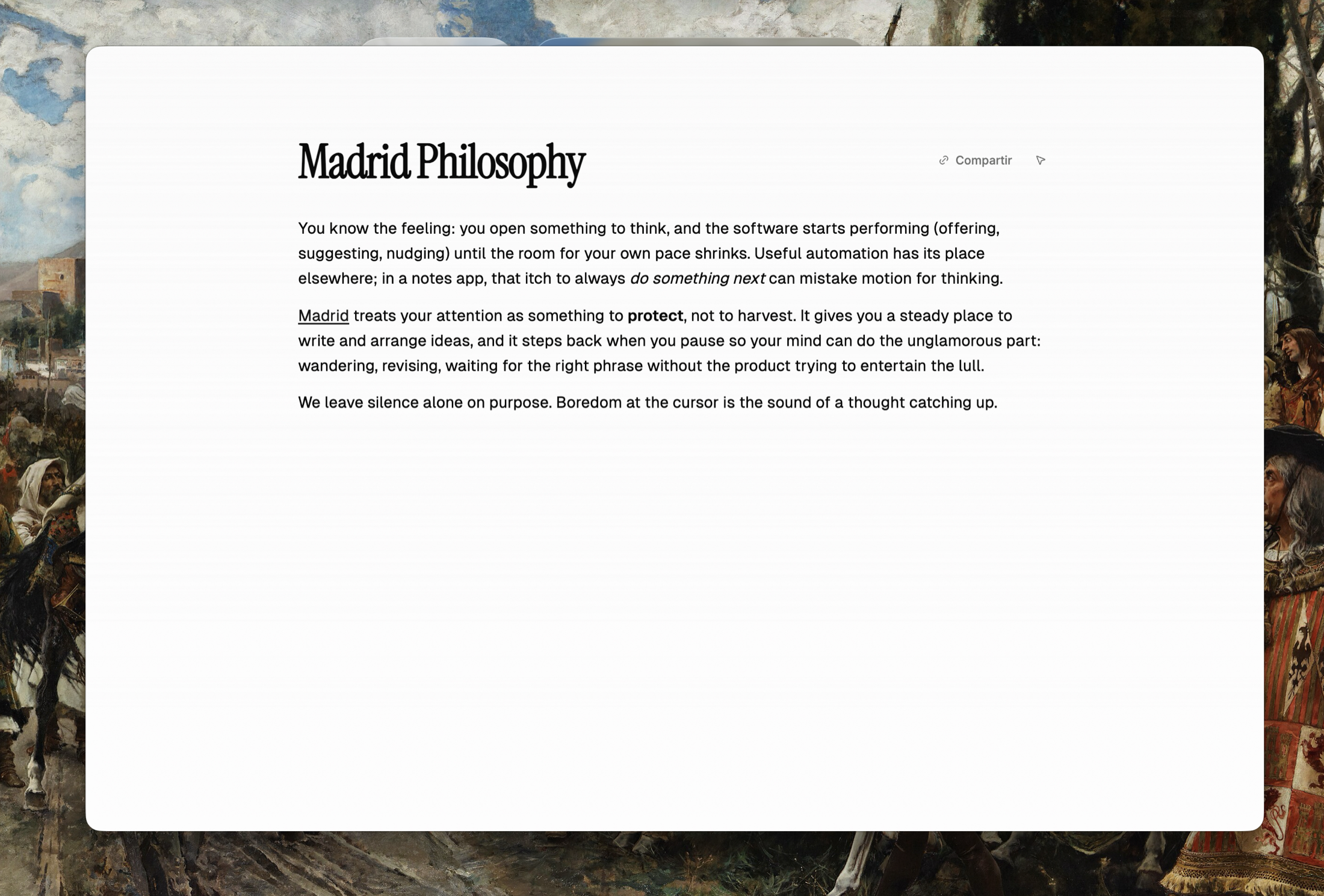 Madrid Mac app with a note open in its writing editor